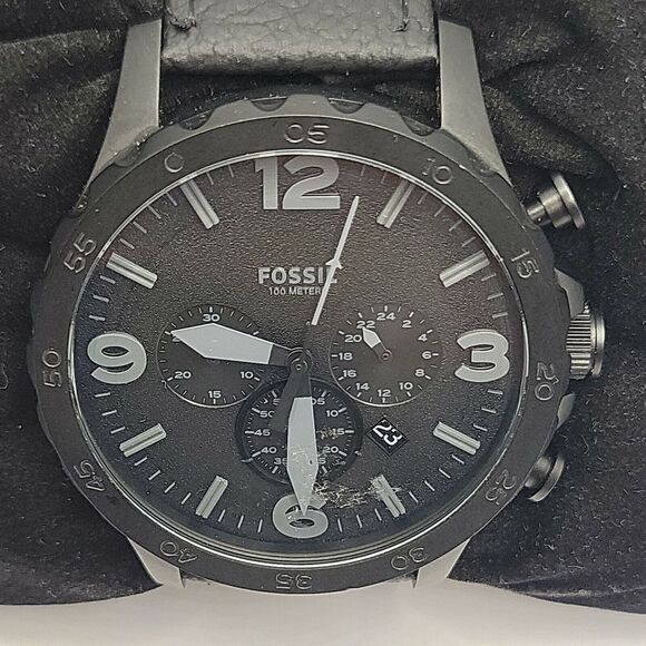 FOSSIL Nate JR1401 Mens Black Leather Analog Black Dial Quartz